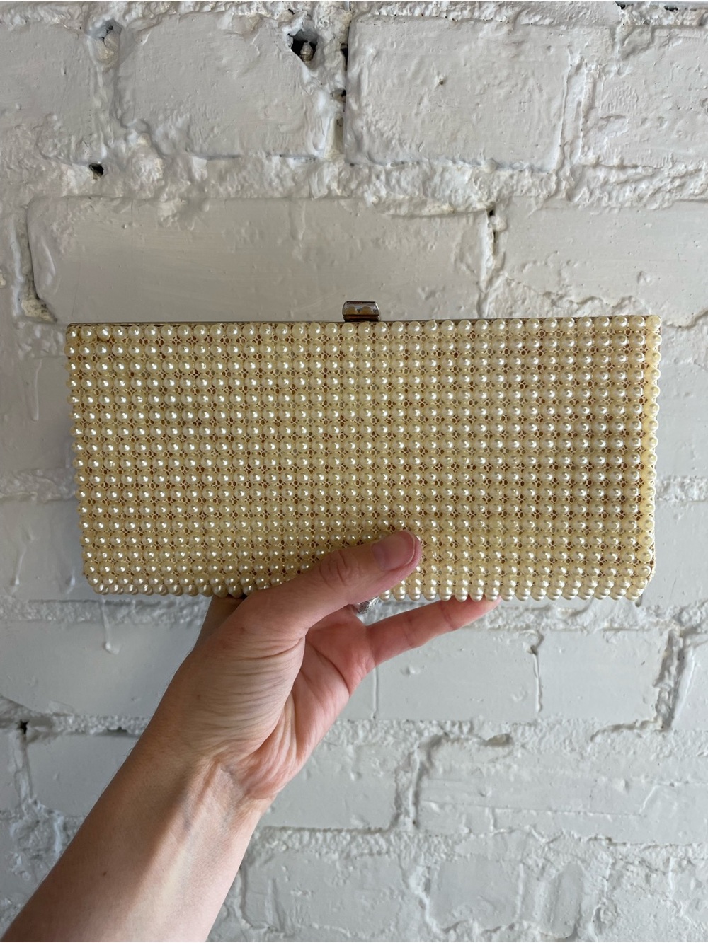 Pearl-Embellished Cream Evening Clutch